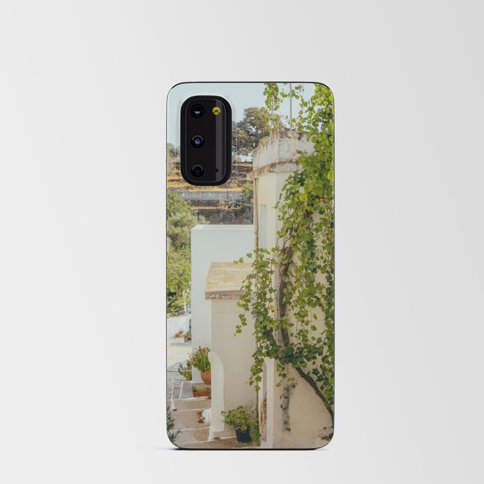 Traditional Greek Street Scene | White Houses Overgrown with Plants | Summer Travel Photography in Greece, Europe Android Card Case