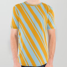 [ Thumbnail: Orange & Light Blue Colored Lines Pattern All Over Graphic Tee ]