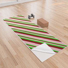 [ Thumbnail: Lime, Maroon, and Pink Colored Stripes/Lines Pattern Yoga Towel ]