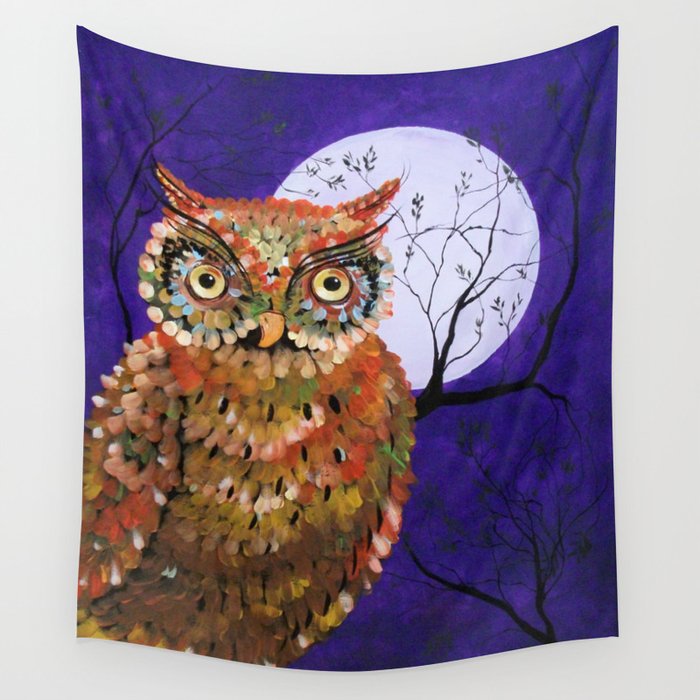 Owl Owl Painting Moon Night Sky Purple By Faye Wall Tapestry By Fas925 Society6