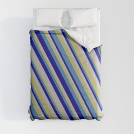 [ Thumbnail: Dark Khaki, Blue, Dark Blue & Grey Colored Lines/Stripes Pattern Comforter ]