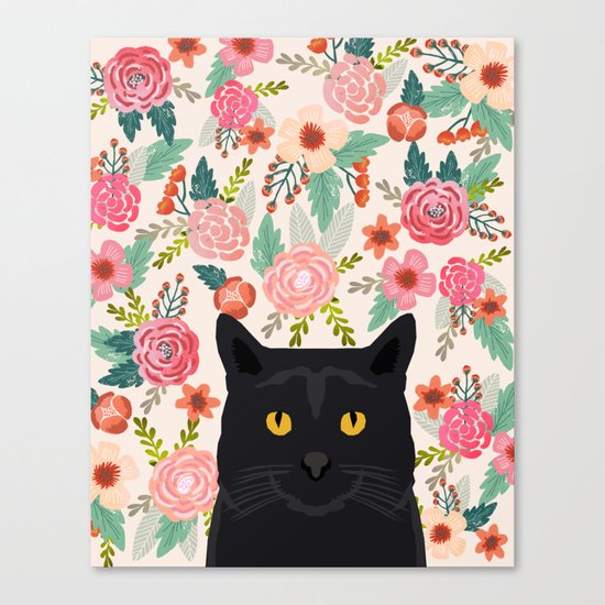 Black Cat florals spring summer animal portrait pet friendly cat lady gifts for her or him cute cats Canvas Print