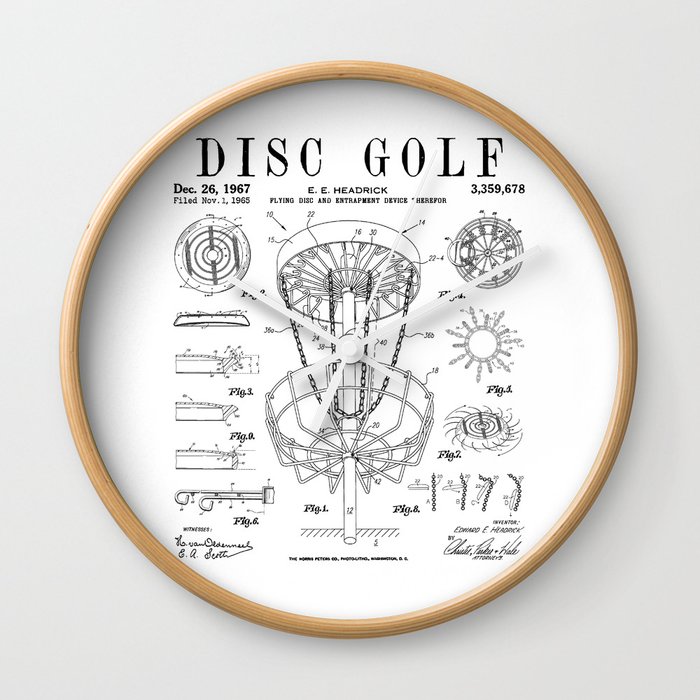 Disc Golf Frolf Frisbee Basket Vintage Patent Drawing Print Wall Clock