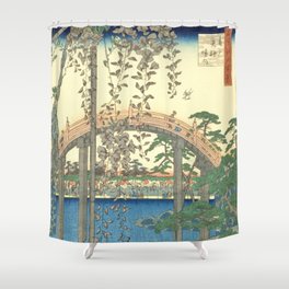 Utagawa Hiroshige - Wisteria Park Of Kameido Tenjin Shrine - Vintage Japanese Woodblock Print 1856 Shower Curtain