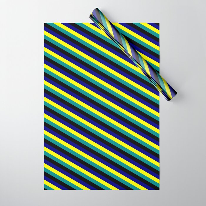 Yellow, Dark Cyan, Black, and Blue Colored Pattern of Stripes Wrapping Paper
