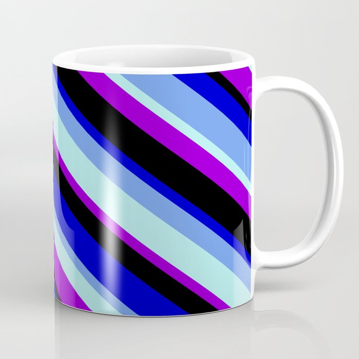 Colorful Blue, Cornflower Blue, Turquoise, Dark Violet, and Black Colored Pattern of Stripes Coffee Mug