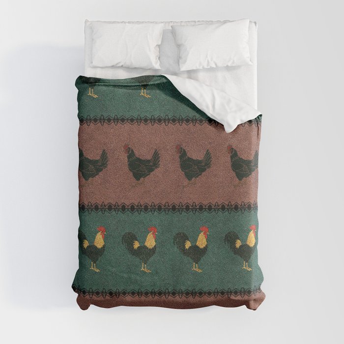 Rooster and Hen in Velvety Rustic Pattern Duvet Cover