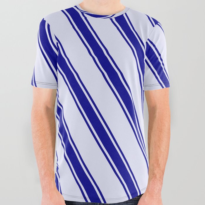 Lavender & Dark Blue Colored Striped Pattern All Over Graphic Tee