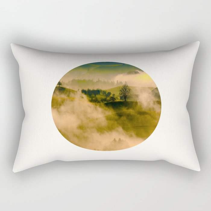 Mid Century Modern Round Circle Photo Graphic Design Foggy Green Country Landscape Rectangular Pillow