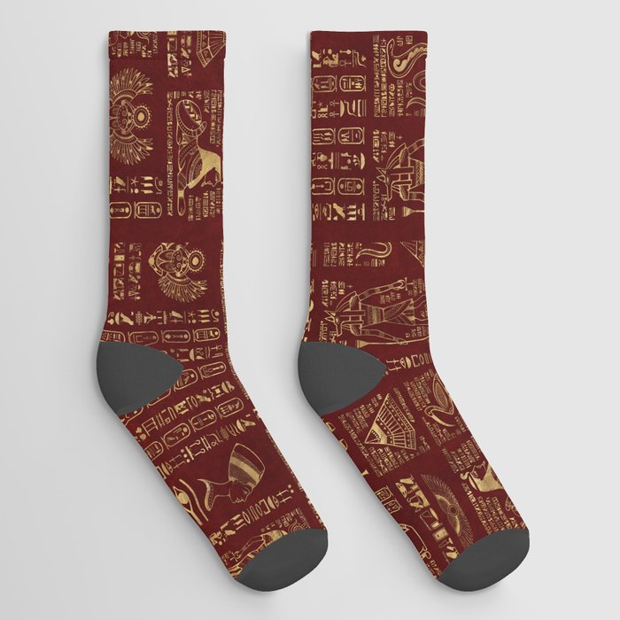 Egyptian hieroglyphs and symbols gold on red leather Socks