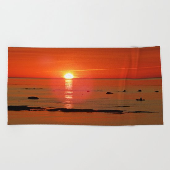 Kayaker and the Setting Sun Beach Towel