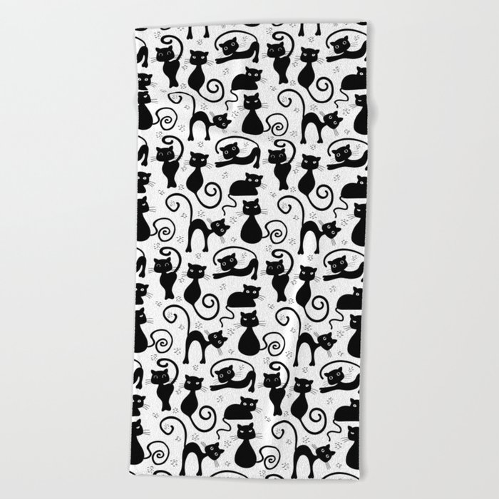 Black cat silhouette on white background Beach Towel