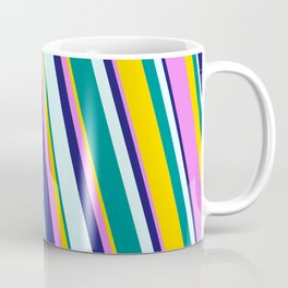 [ Thumbnail: Eye-catching Yellow, Violet, Midnight Blue, Light Cyan, and Dark Cyan Colored Stripes/Lines Pattern Coffee Mug ]