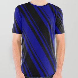 [ Thumbnail: Black & Dark Blue Colored Lines Pattern All Over Graphic Tee ]