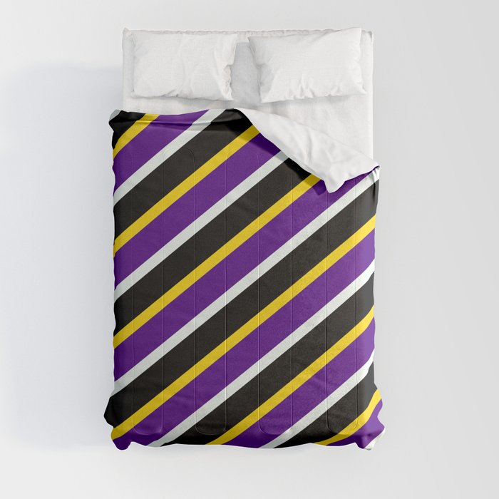 Yellow, Indigo, Mint Cream & Black Colored Lines/Stripes Pattern Comforter