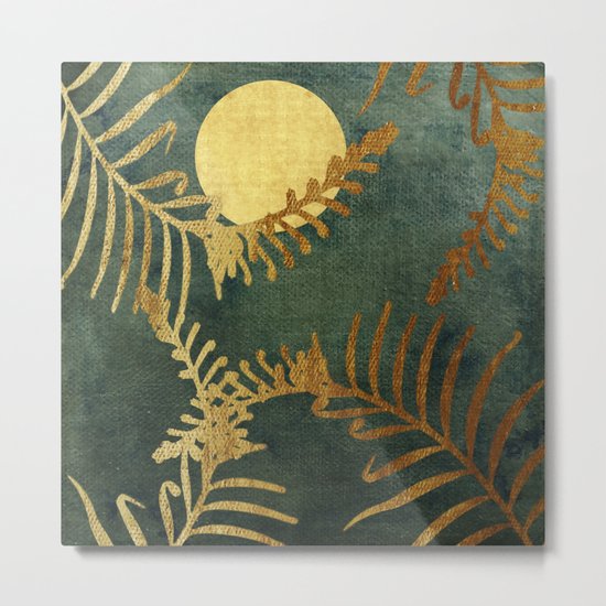 Golden Cycas leaves on dark green canvas Metal Print