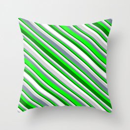 [ Thumbnail: Eyecatching Light Gray, Light Slate Gray, Lime, Green, and White Colored Striped Pattern Throw Pillow ]