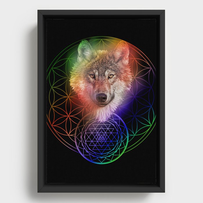 Colorful Wolf Sri Yantra Mandala Framed Canvas