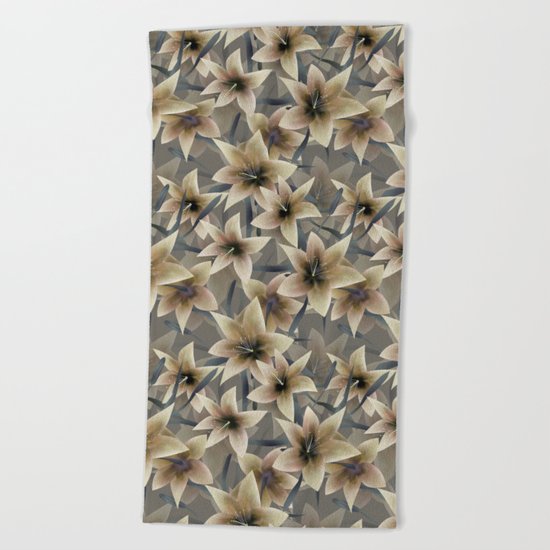 Lily. Grey beige floral pattern . Beach Towel