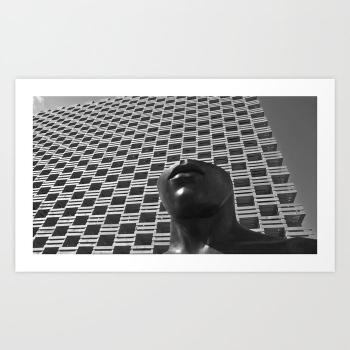 Pieces of You, Stark Modern Architecture and Male Sculpture black and white art photography Art Print