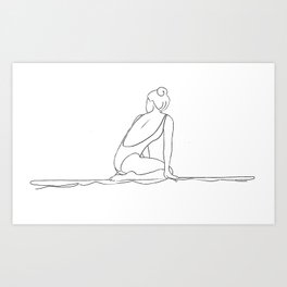 Surfer girl sitting on the longboard in the ocean Art Print | Surfer, Longboard, Waves, Surfschool, Ink Pen, Drawing, Surfing, Surf, Graphite, Black And White 