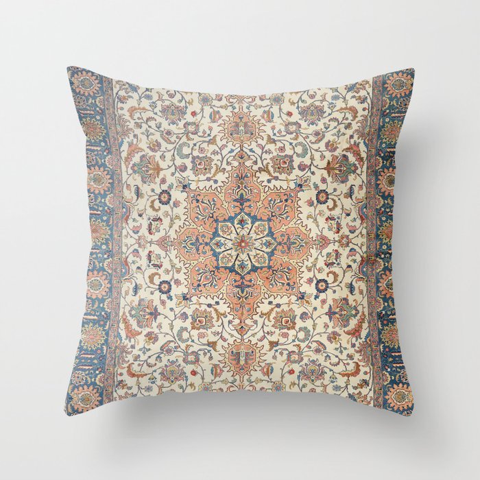 Fine Persia Tabriz Old Century Authentic Colorful Blue Rust Orange Vintage Patterns Throw Pillow