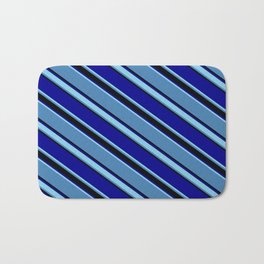 [ Thumbnail: Blue, Black, Dark Blue & Sky Blue Colored Pattern of Stripes Bath Mat ]
