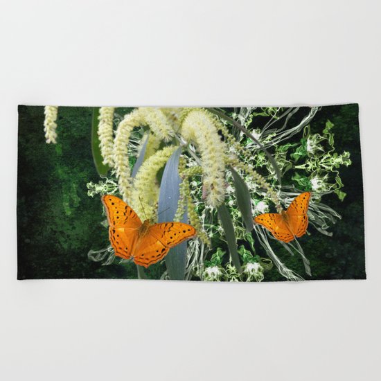 butterflies and wattle with green abstract bouquet Beach Towel