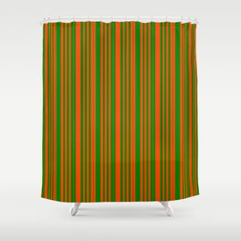 [ Thumbnail: Red & Green Colored Pattern of Stripes Shower Curtain ]