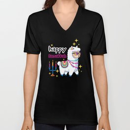 Llamakkah Kawaii Cute Llama Menorah Happy Hanukkah V Neck T Shirt