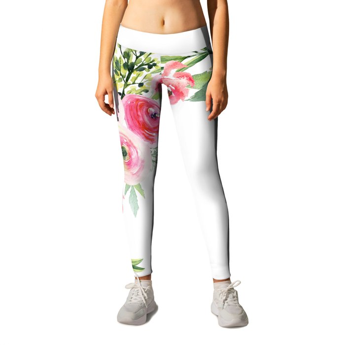 White Rat with Flowers Watercolor Floral Pattern Animal Leggings