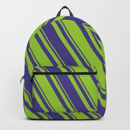 [ Thumbnail: Dark Slate Blue and Green Colored Stripes Pattern Backpack ]