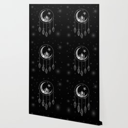 Islamic dream catcher with feathers silver moon and stars	 Wallpaper