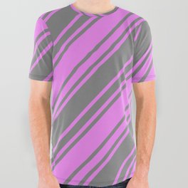 [ Thumbnail: Grey & Violet Colored Striped Pattern All Over Graphic Tee ]