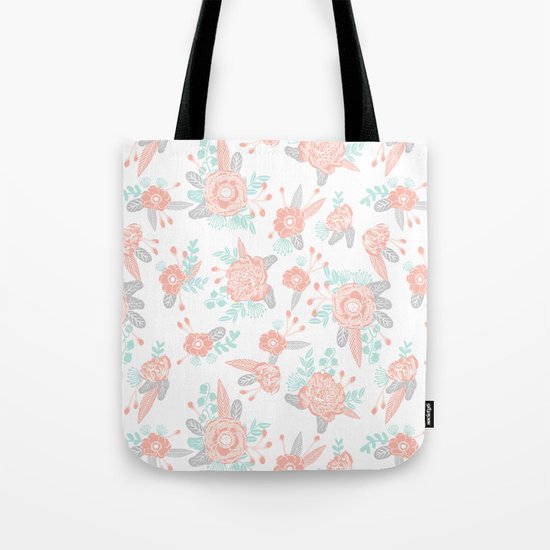 Floral bouquet pastel mint pink florals painted painted pattern basic minimal pattern print Tote Bag