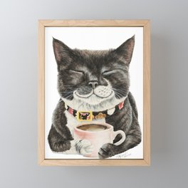 Purrfect Morning , cat with her coffee cup Framed Mini Art Print