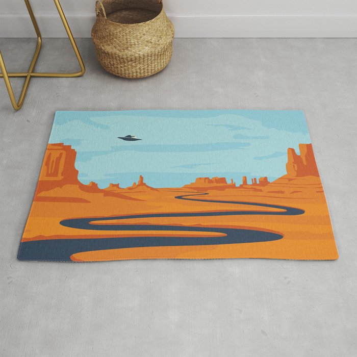  landscape with deserted valley, mountains, dark winding river and flying saucer in the sky. Decorative illustration on the theme of of alien invasion. Western scenery and UFO Rug
