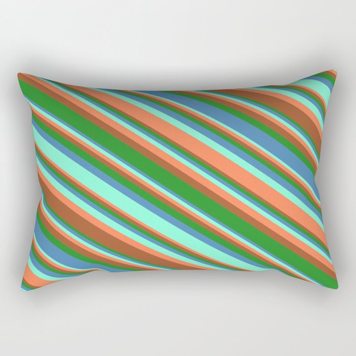 Aquamarine, Coral, Sienna, Forest Green, and Blue Colored Lined/Striped Pattern Rectangular Pillow