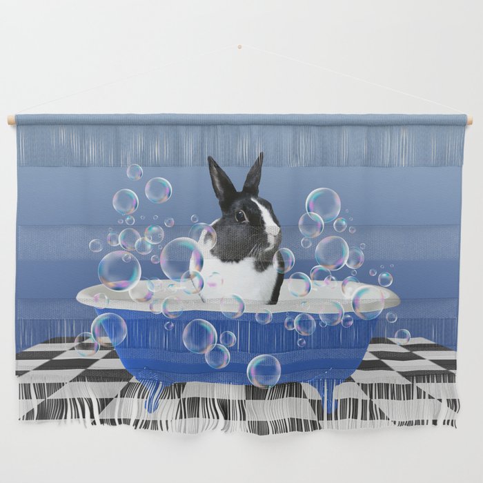 Black & white Bunny Rabbit Bathtub with Soap Bubbles Wall Hanging