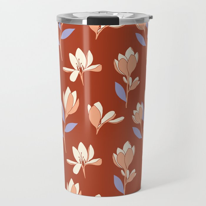 Pink and White flowers on an amber background Travel Mug
