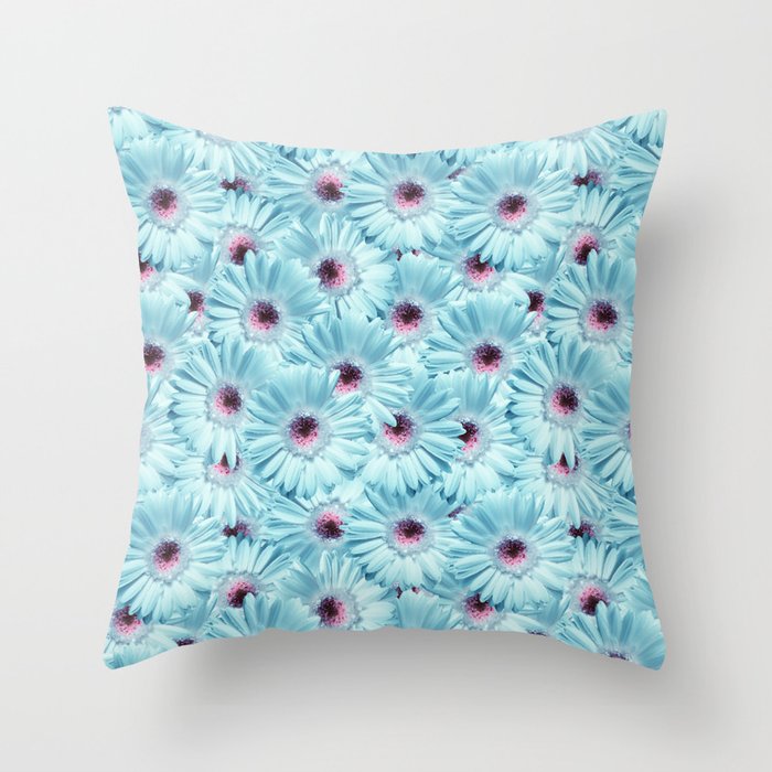 Jazzy Blue Gerbera Daisies Flower Oil Painted Floral Throw Pillow