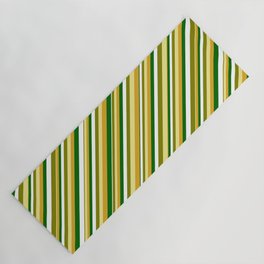 [ Thumbnail: Vibrant Green, Tan, Goldenrod, Dark Green & White Colored Pattern of Stripes Yoga Mat ]