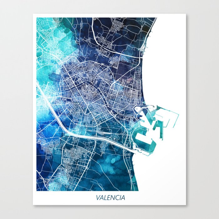 Valencia Spain Map Navy Blue Turquoise Watercolor Canvas Print