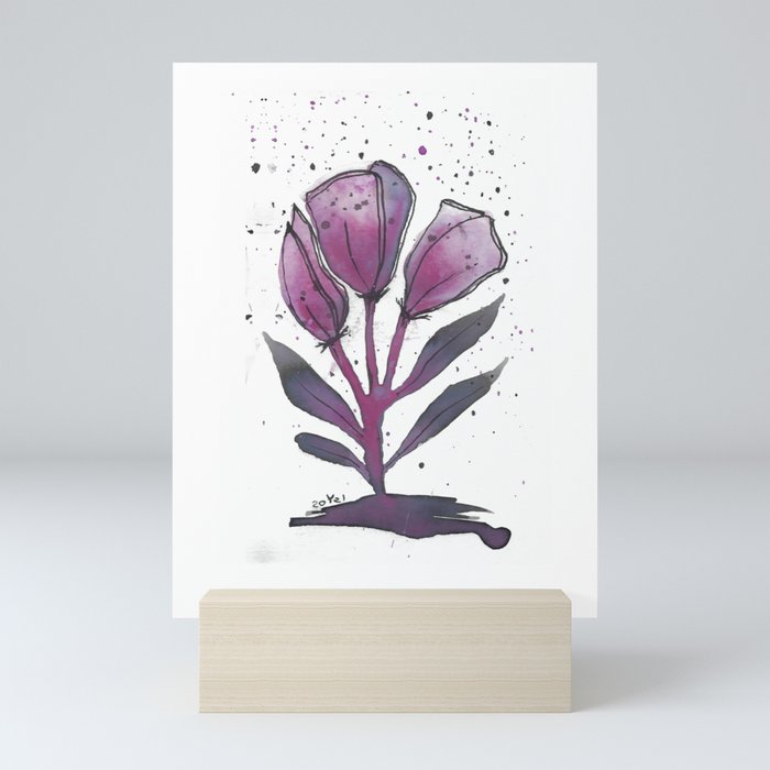 ink flowers and splatter - black and purple - yaara happy art Mini Art Print