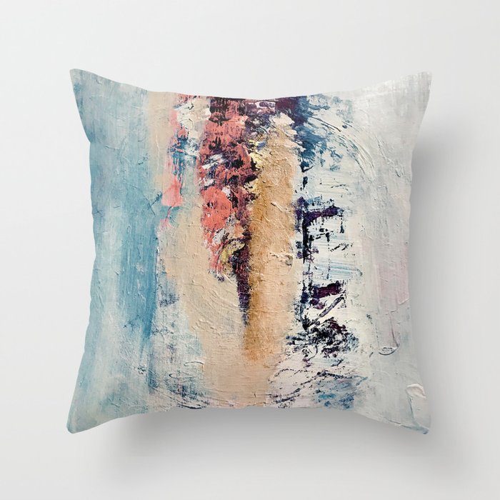 Artemis: A pretty, minimal, abstract mixed media piece in blue, gold, pink, purple, and white Throw Pillow