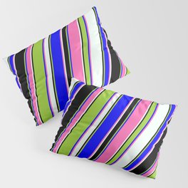 [ Thumbnail: Eye-catching Green, Blue, Hot Pink, Mint Cream & Black Colored Pattern of Stripes Pillow Sham ]