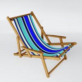 [ Thumbnail: Blue, Light Yellow, Turquoise, and Black Colored Striped/Lined Pattern Sling Chair ]