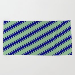 [ Thumbnail: Dark Sea Green and Blue Colored Lined/Striped Pattern Beach Towel ]