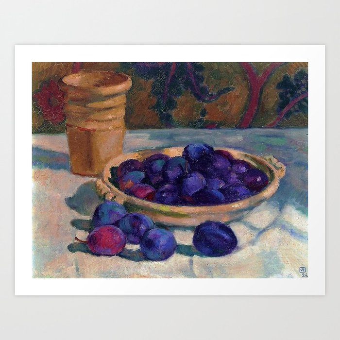 Still Life with Plums, Tuscany, Italy food and wine portrait painting by Apple Orchards and Red Foliage Vines of October landscape painting by Theo van Rysselberghe Art Print