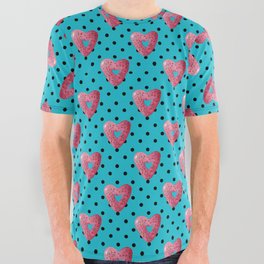 Pink plaid watercolor heart shaped donuts with polka dots on blue background All Over Graphic Tee